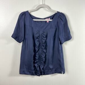 Lilly Pulitzer Navy Blue Ruffle Blouse 100% Silk Short Sleeved Size 0
